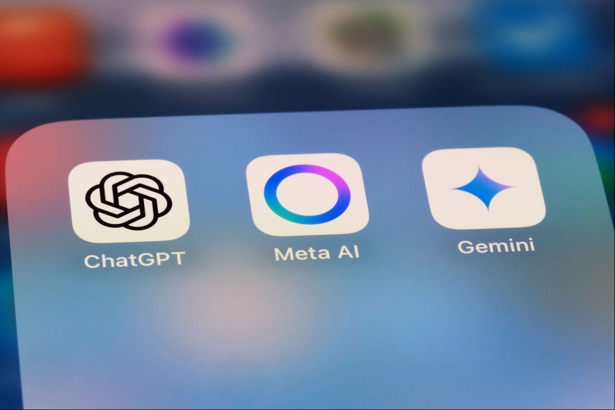 Shanghai,China-April 20th 2025: Meta AI, ChatGPT and Gemini. Assorted AI app icons